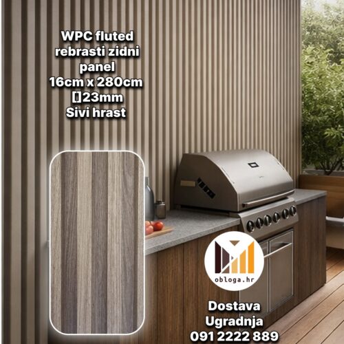 WPC fluted rebrasti zidni panel - Sivi hrast 16x280cm