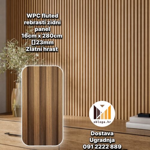 WPC fluted rebrasti zidni panel - Zlatni hrast 16x280cm