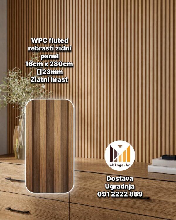 WPC fluted rebrasti zidni panel - Zlatni hrast 16x280cm